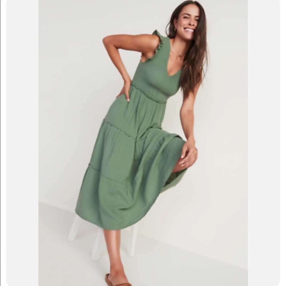 Sage Green Fit and Flare Smocked Flutter Sleeve Midi Dress